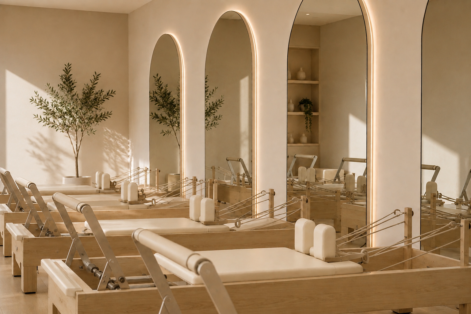 Reformer Pilates studio with arched backlit mirrors, olive tree and warm cream walls